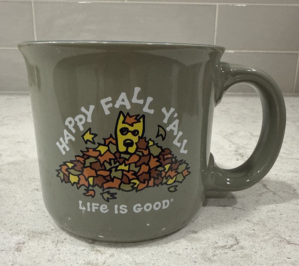 Life is Good HAPPY FALL Y’ALL DOG in LEAVES 16oz Mug Gray & Blue NEW 2026